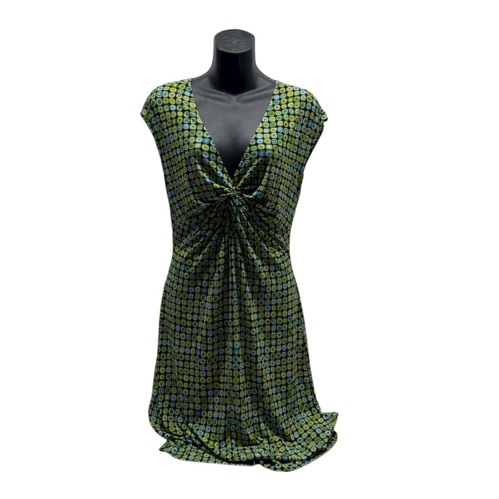 Y2K Lady Hathaway Green & Blue Geometric Retro V-Neck Twist Dress